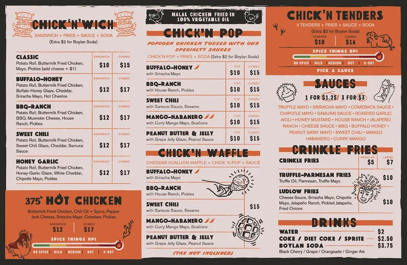 menu of 375° Chicken 'n Fries