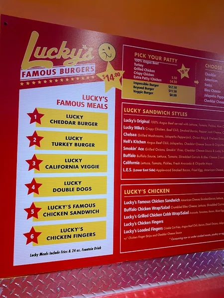 menu of Lucky's Famous Burgers