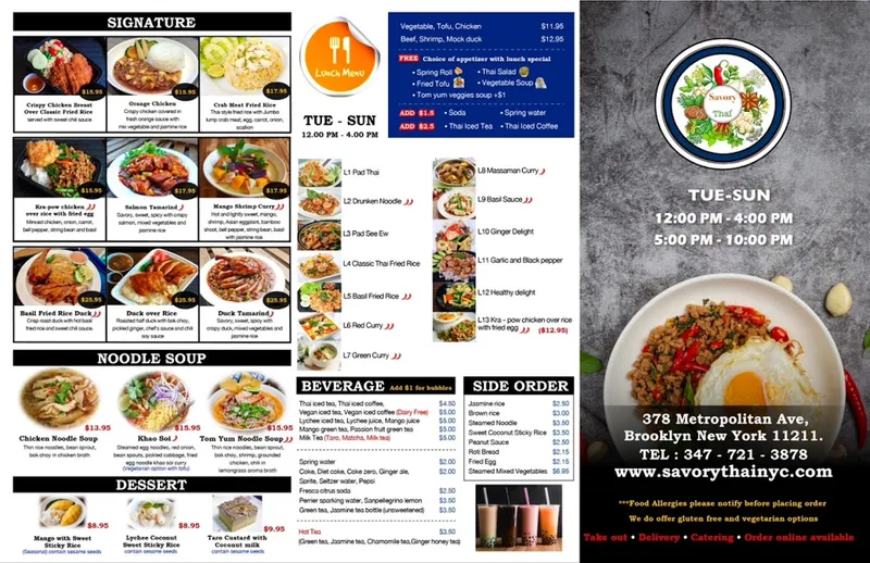 menu of Savory Thai