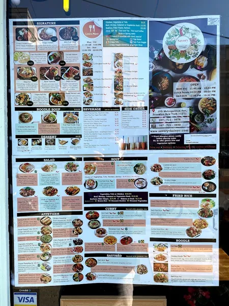 menu of Savory Thai