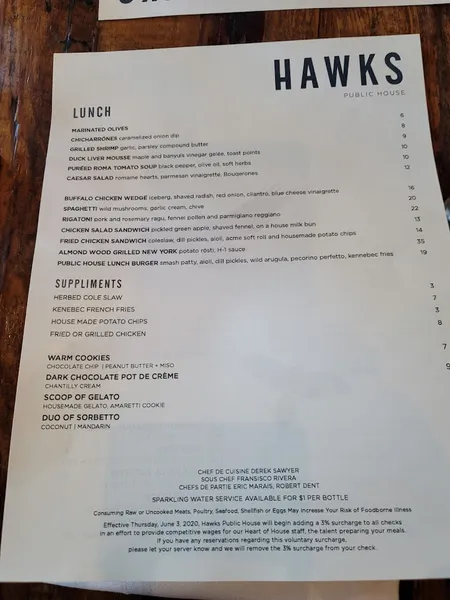 menu of Hawks Public House