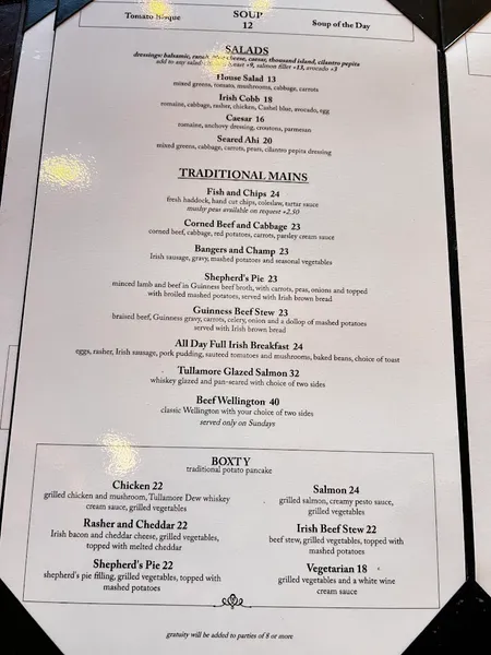 menu of The Auld Dubliner