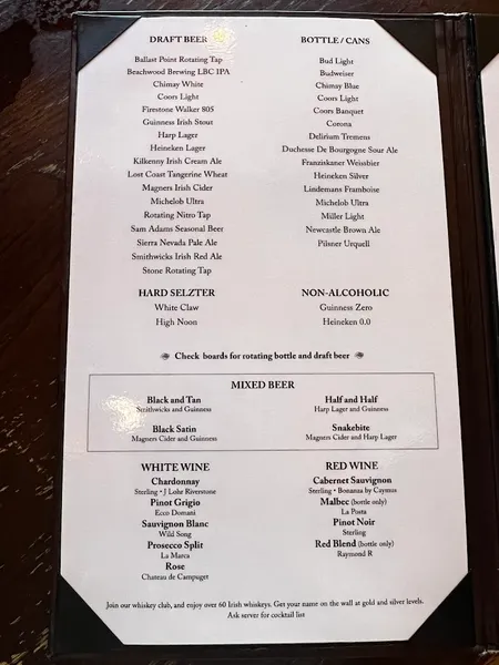 menu of The Auld Dubliner