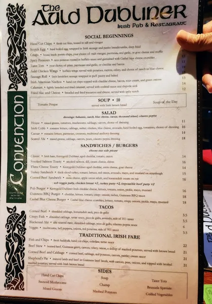 menu of The Auld Dubliner