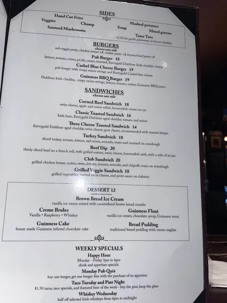 menu of The Auld Dubliner