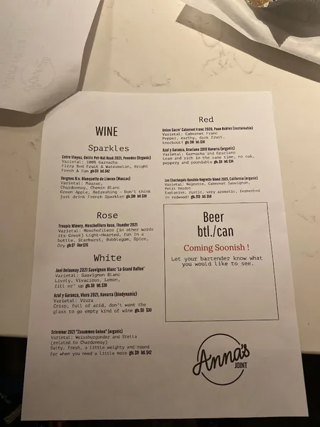 menu of Anna's Joint - Neighborhood Pub