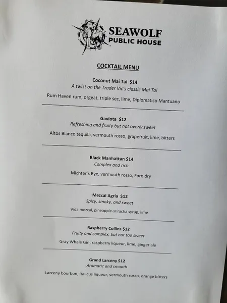 menu of Seawolf Public House