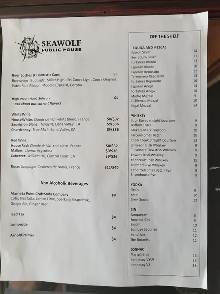 menu of Seawolf Public House