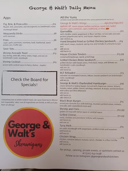 menu of George & Walt's