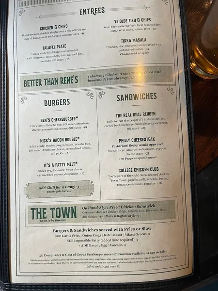 menu of Ben 'N Nick's Bar & Grill