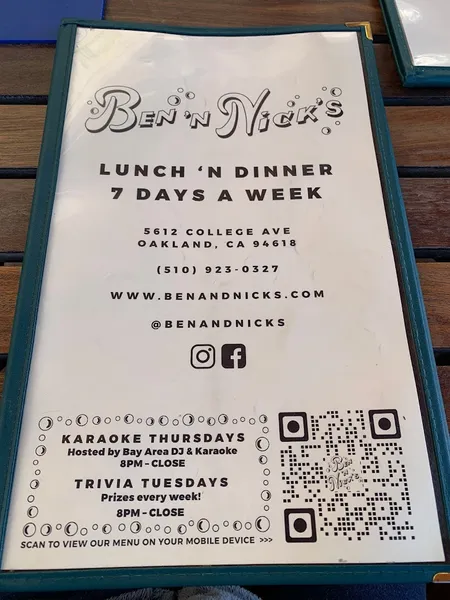 menu of Ben 'N Nick's Bar & Grill