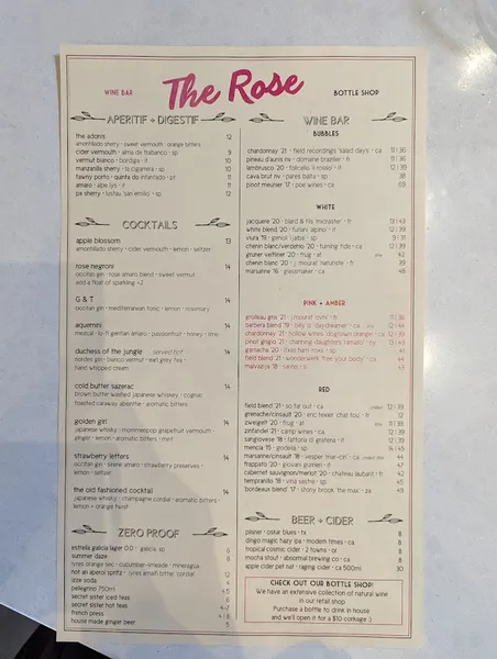 menu of The Rose Wine Bar