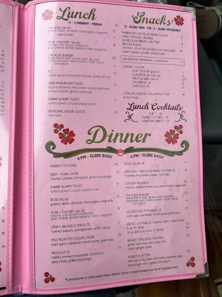 menu of The Rose Wine Bar