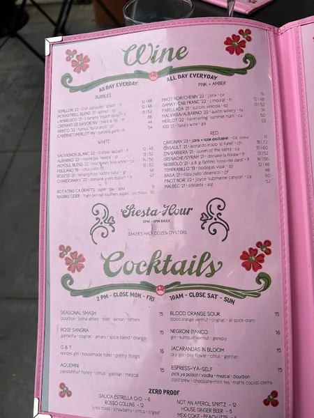 menu of The Rose Wine Bar