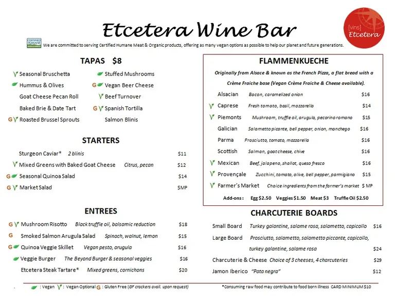 menu of Etcetera Wine Bar