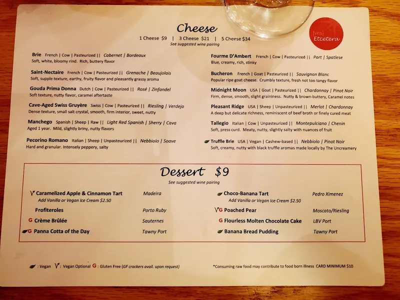 menu of Etcetera Wine Bar