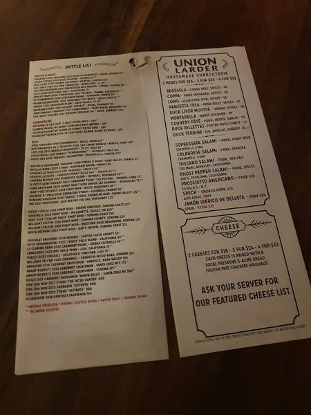 menu of Union Larder