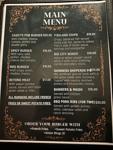 menu of Casey's Irish Pub