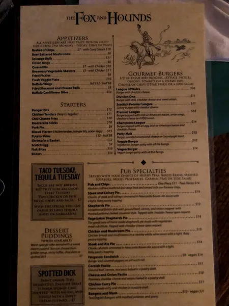 menu of The Fox and Hounds