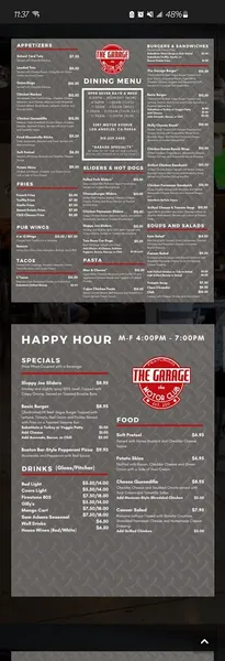 menu of The Garage on Motor Ave