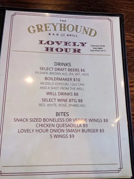 menu of The Greyhound Bar & Grill