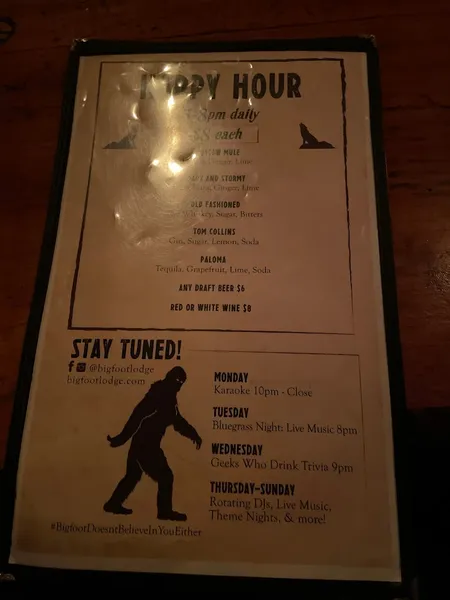 menu of Bigfoot Lodge