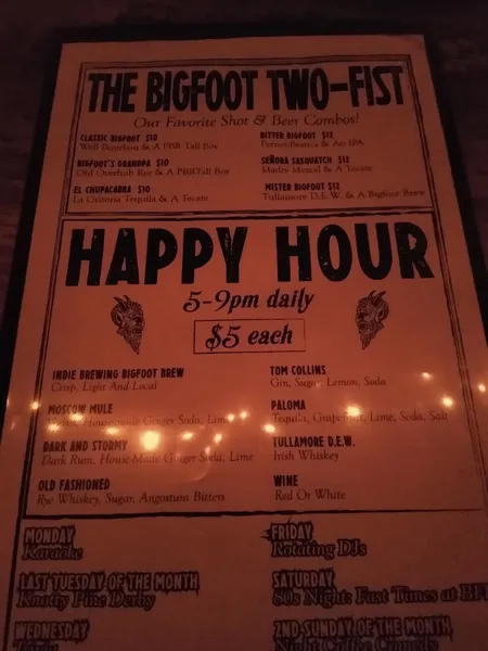 menu of Bigfoot Lodge