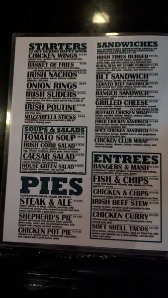 menu of The Irish Times Pub & Restaurant