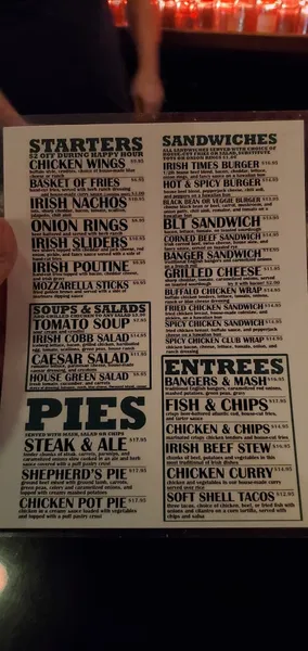 menu of The Irish Times Pub & Restaurant