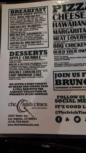 menu of The Irish Times Pub & Restaurant