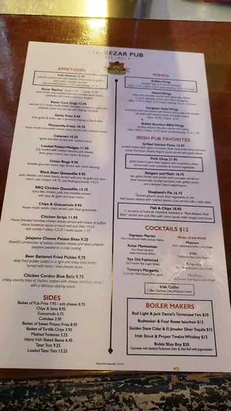 menu of The Kezar Pub