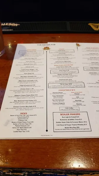 menu of The Kezar Pub