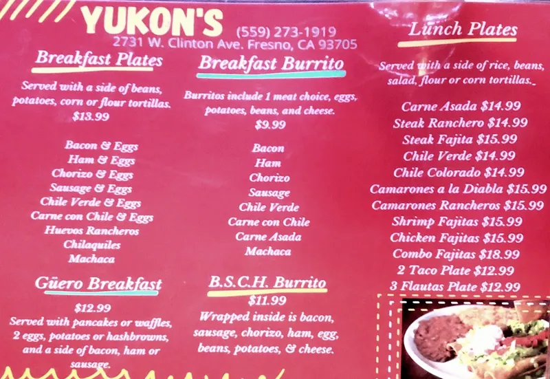 menu of Yukon's Tavern & Grill