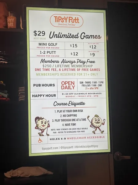 menu of Tipsy Putt