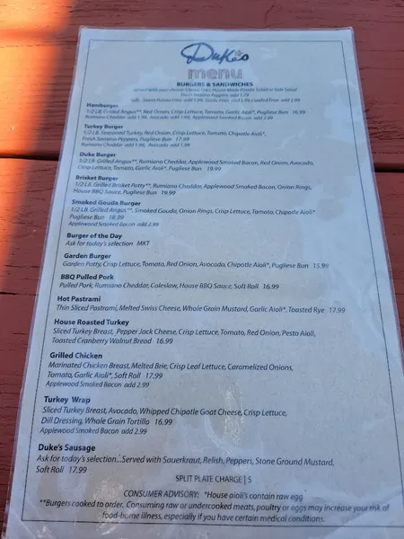 menu of Dukes Plates & Pints