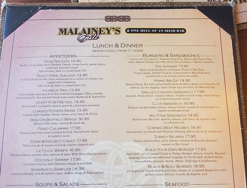 menu of Malainey's Grill & One Hell of an Irish Bar