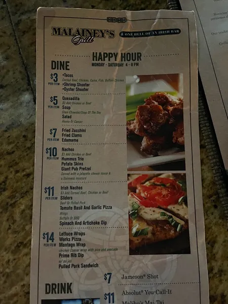 menu of Malainey's Grill & One Hell of an Irish Bar