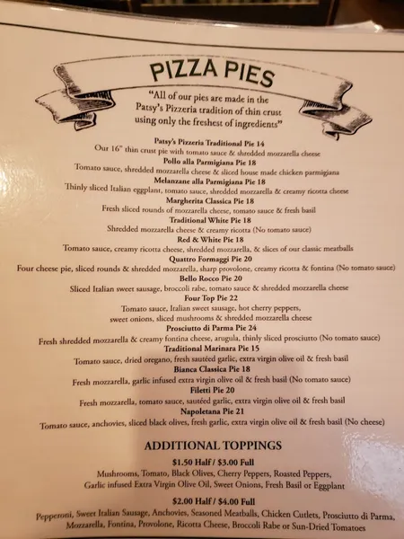 menu of Patsy's Pizzeria Morris Park