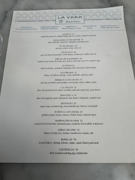 menu of La Vara