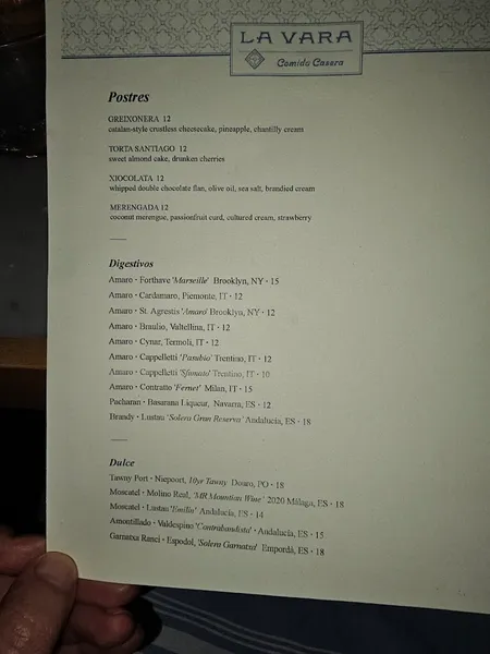 menu of La Vara