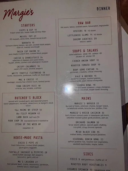 menu of Margie's