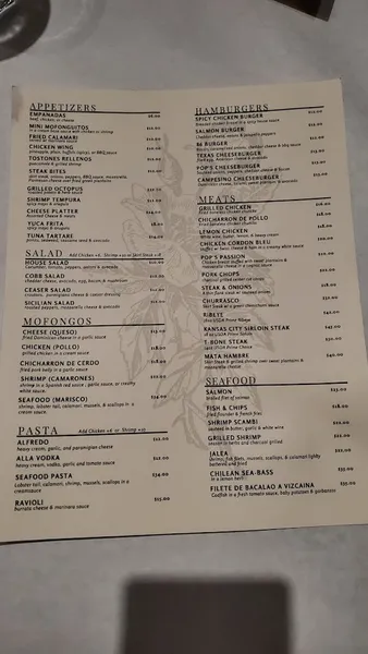 menu of Pop’s Cocina & Bar